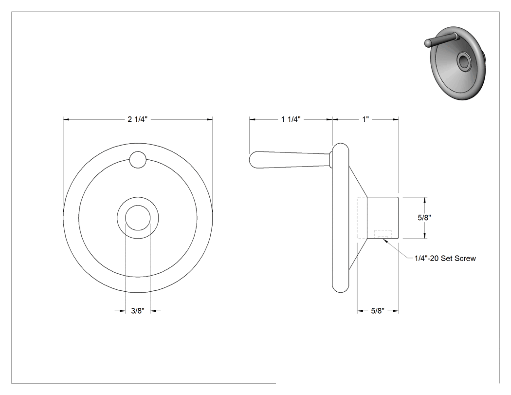 Teknik Çizim - Çinko Dişsiz Delikli Katı El Çarkı, Dönen Saplı Çukur Tekerlek, 2-1/4" Çap, 3/8" Delik