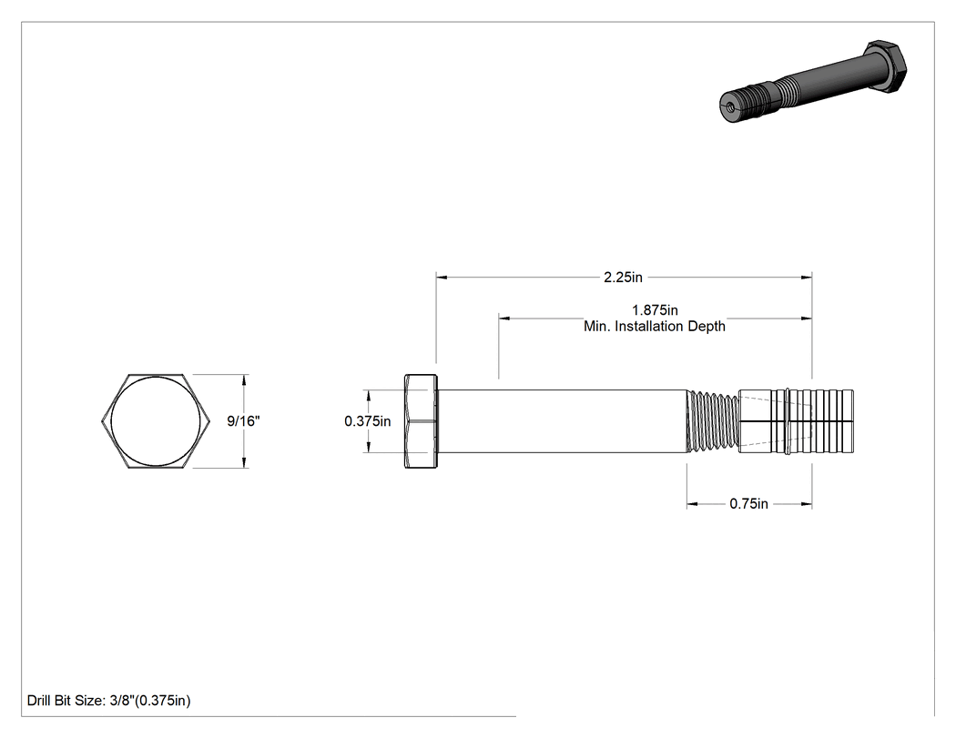 Teknik Çizim - Beton için Çıkarılabilir Konik Cıvata Ankrajları, 3/8" Çap, 2-1/4" Uzunluk