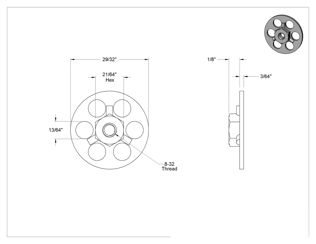 Teknik Çizim - Yapıştırıcıya Hazır Somun, Çinko Kaplı Çelik, 8-32 Diş Boyutu, 29/32" Çaplı Taban