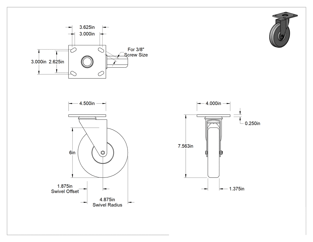 Teknik Çizim - 4-1/2" x 4" Plakalı Parlak Yüzeyli Tekerlek, 6 inç Çapında Kauçuk Tekerlekli Döner Ayak