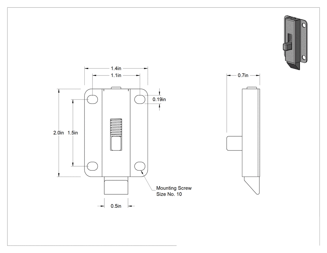 Teknik Çizim - Yaylı Kayar Cıvata Mandalı, Düğme Çekme, Çinko Kaplı Çelik, 2" Yükseklik, 1.5" Genişlik, Dışa Açılan Kapı