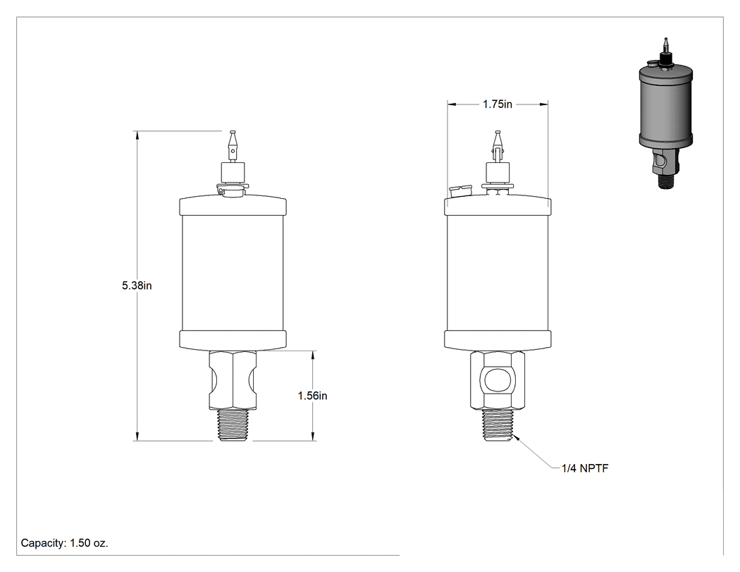 Teknik Çizim - Akış Ayar Valfli Yağ Dağıtıcı, Maksimum 160°F, 1/4 NPTF Erkek Çıkış, 1 1/2 FL oz