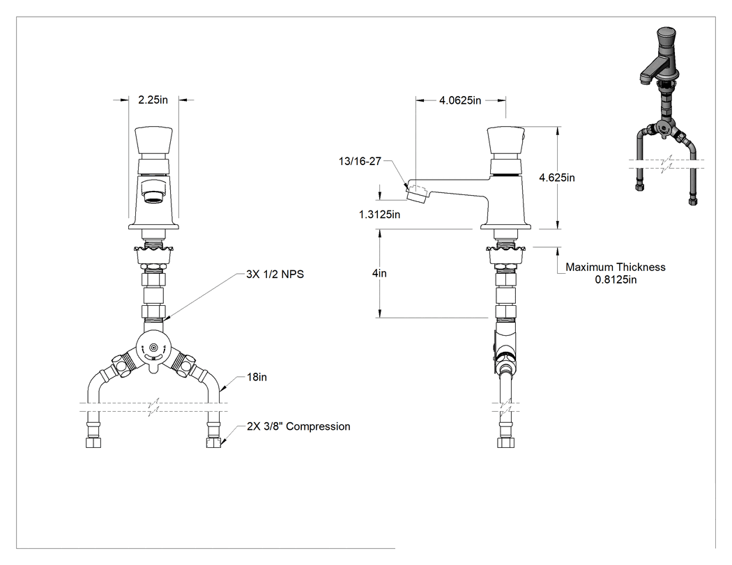 Teknik Çizim - Gecikmeli Otomatik Kapanma Lavabo Musluğu, İki adet 1/2 NPS Erkek Alt Girişli ve 4-1/4" Uzunlukta Ağızlı