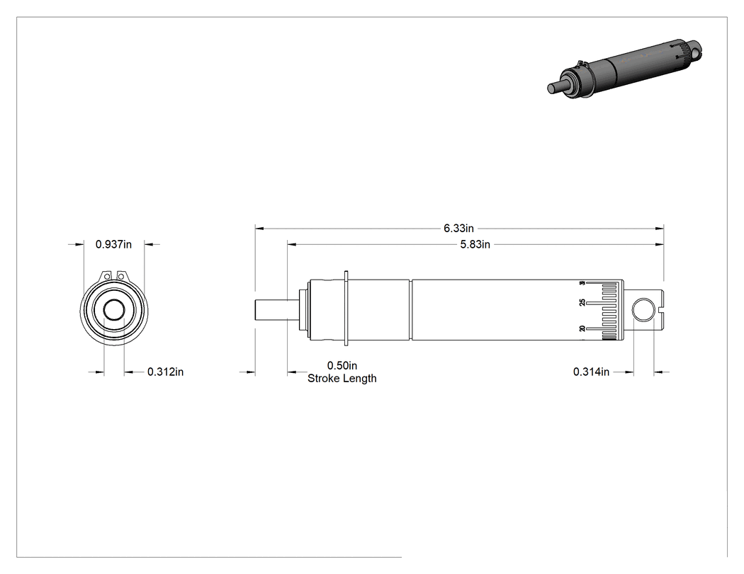 Teknik Çizim - Hassas Kontrol Lineer Hız Sınırlayıcı, 0.5 inç Strok Uzunluğu