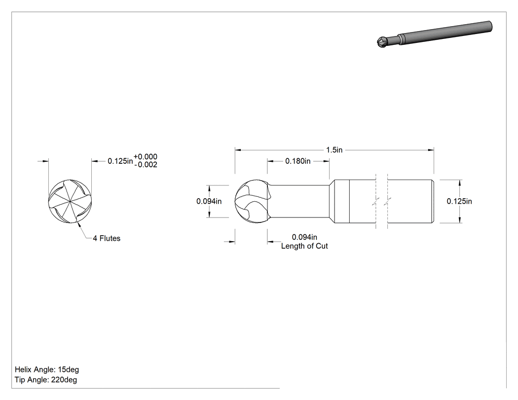Teknik Çizim - Alt Kesimli Uçlu Freze, 1/8" Freze Çapı, 3/32" Kesme Uzunluğu, 1-1/2" Toplam Uzunluk