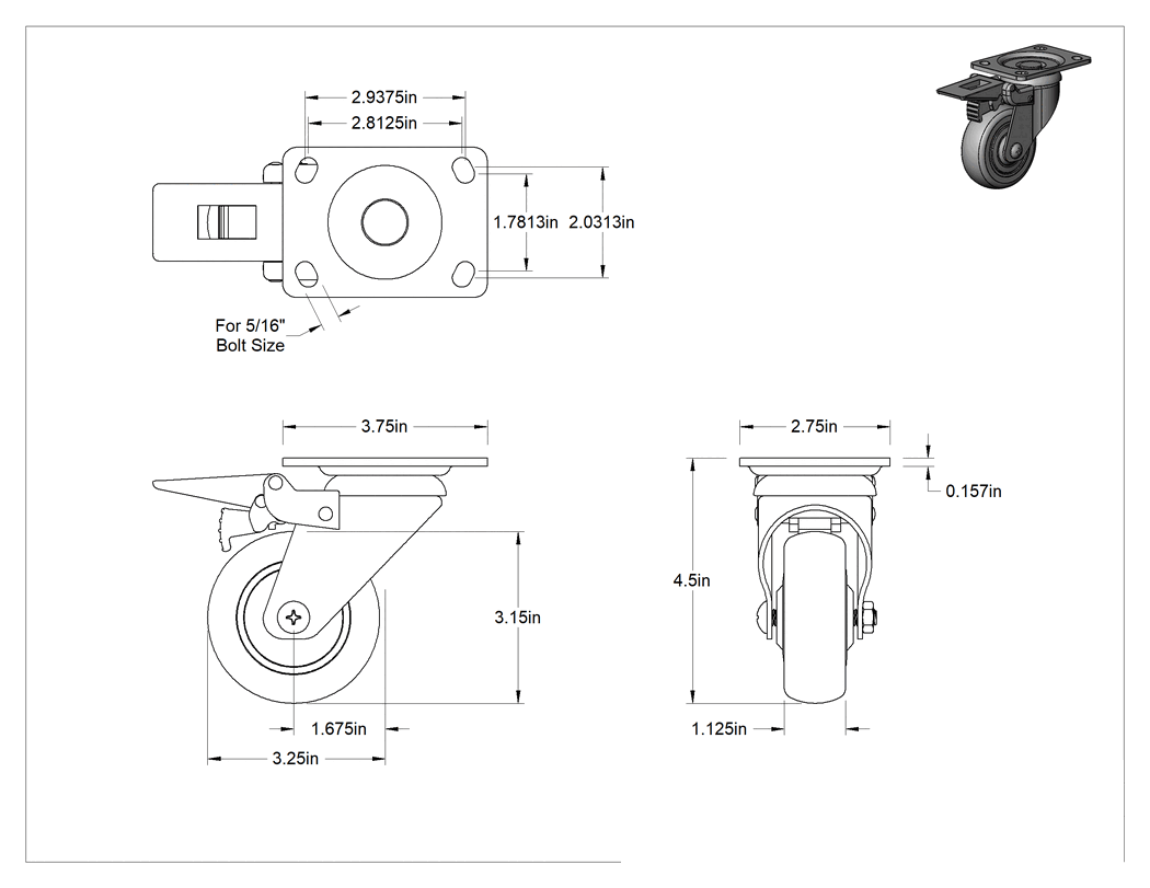 Teknik Çizim - 3-3/4" x 2-3/4" Plakalı Statik Kontrol Tekerlek, Kilitli ve 3 inç x 1-1/8 inç Siyah Çekirdek Üzerine Baskılı Kauçuk Tekerlekli Döner Tekerlek