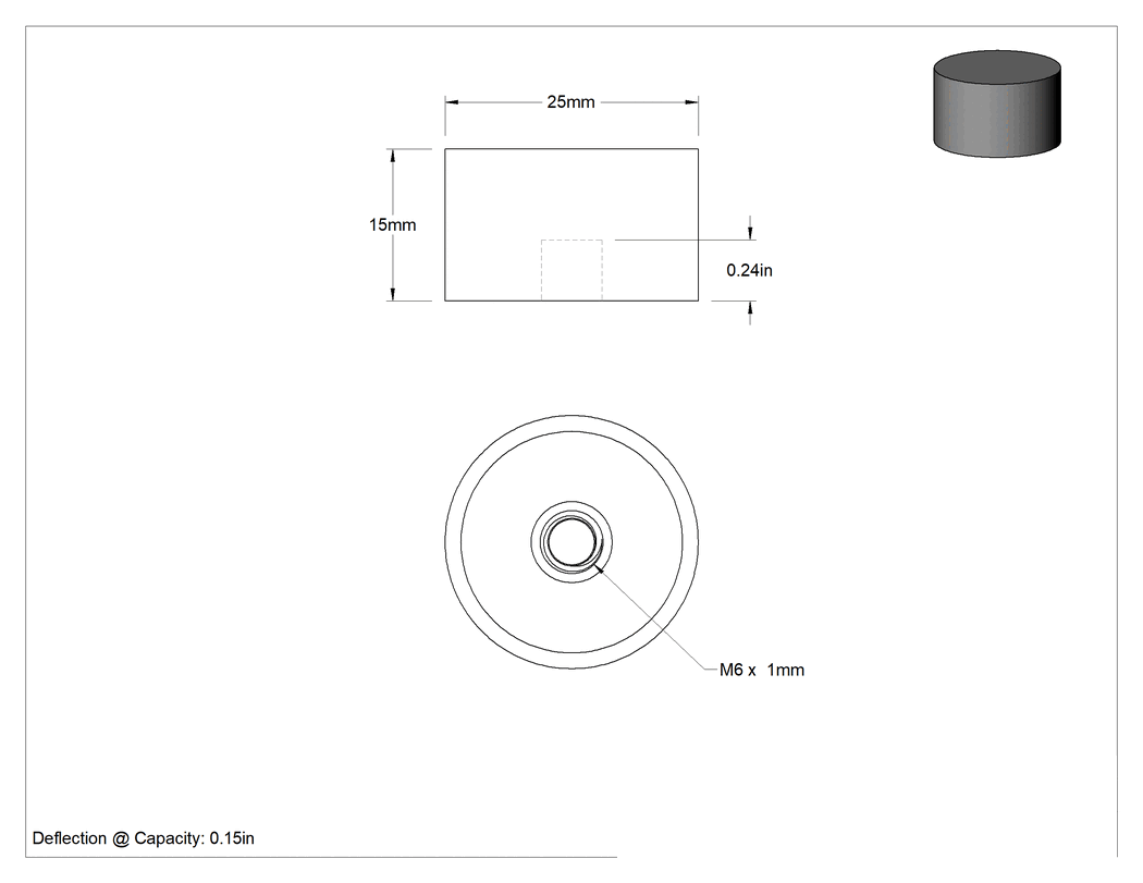 Teknik Çizim - Yük Kapasiteli Takviyeli Doğal Kauçuk Tampon, Paslanmaz Çelik Taban Plakası, 1/4" Derinlikte M6 x 1 mm Delik, 25mm Dış Çap, 15 mm Yükseklik