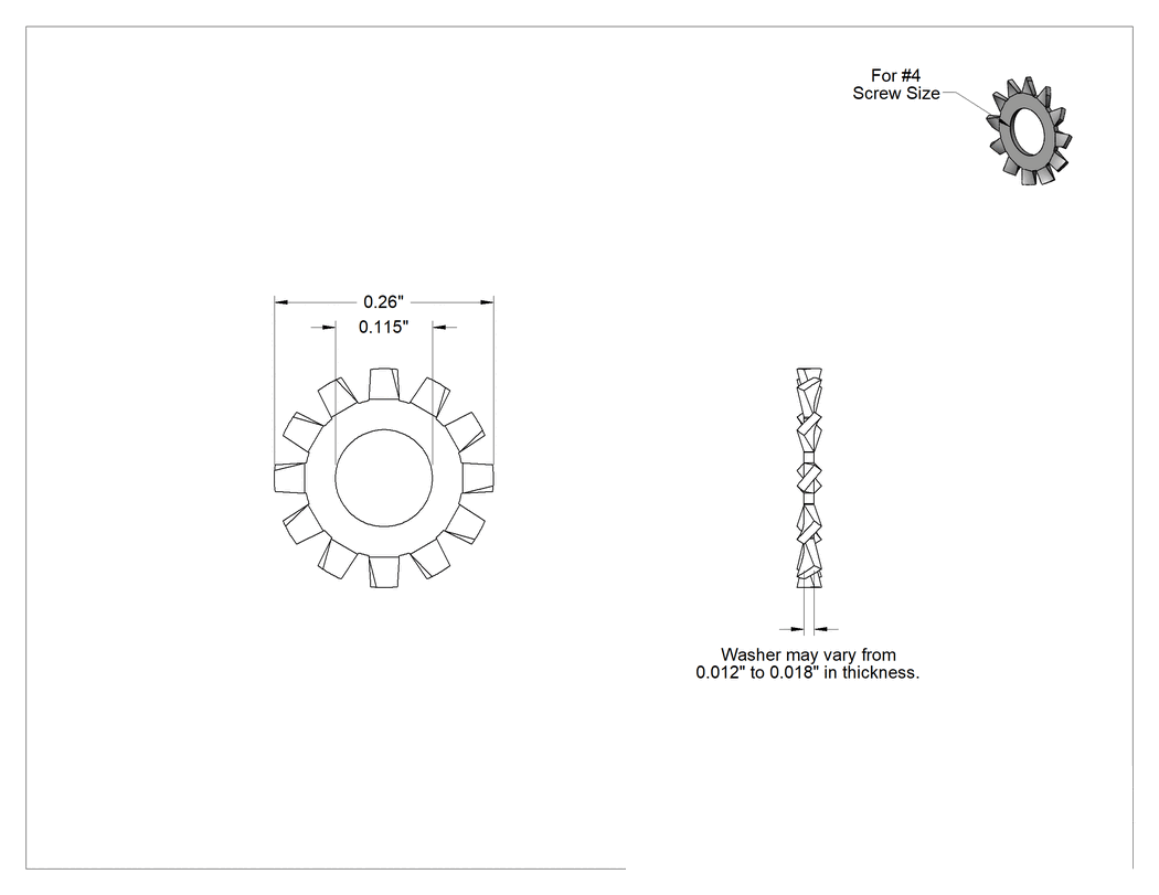 Teknik Çizim - 316 Paslanmaz Çelik Dış Dişli Kilit Pul, 4 Numaralı Vida Boyutu için, 0.115" İç Çap, 0.26" Dış Çap