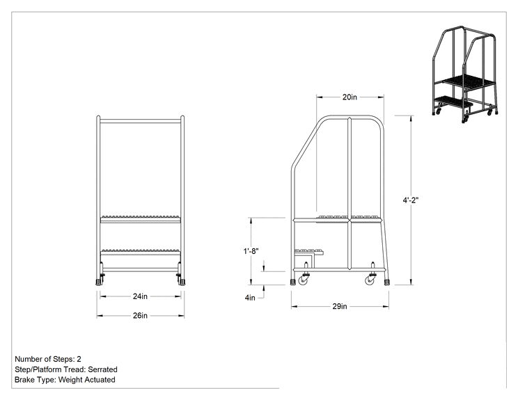 Teknik Çizim - Çelik Yuvarlanan Platform Merdiveni, 2 adet tırtıklı basamaklı, 4'2" Yükseklik x 26" Genişlik x 29" Derinlik Toplam