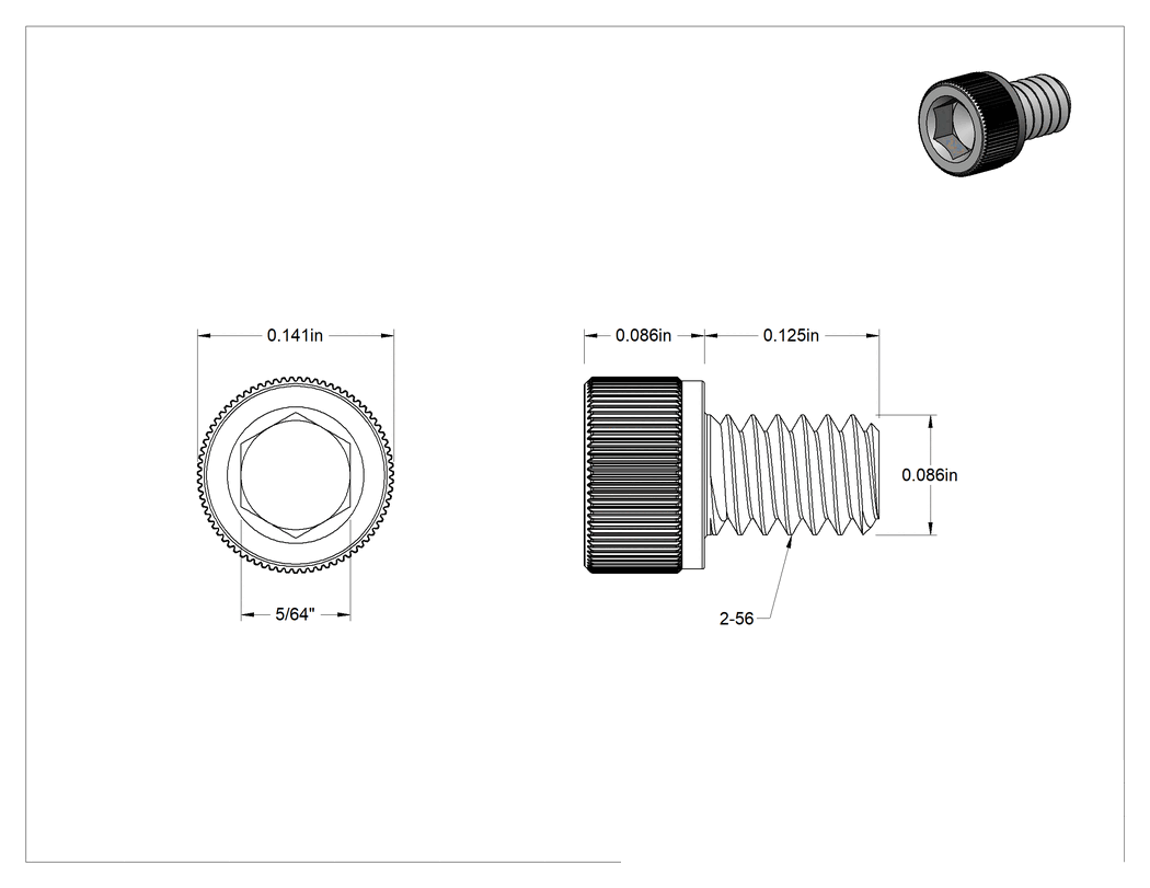 Teknik Çizim - Gümüş Kaplama 18-8 Paslanmaz Çelik Alyan Başlı Vidalar, 2-56 Diş Boyutu, 1/8" Uzunluk