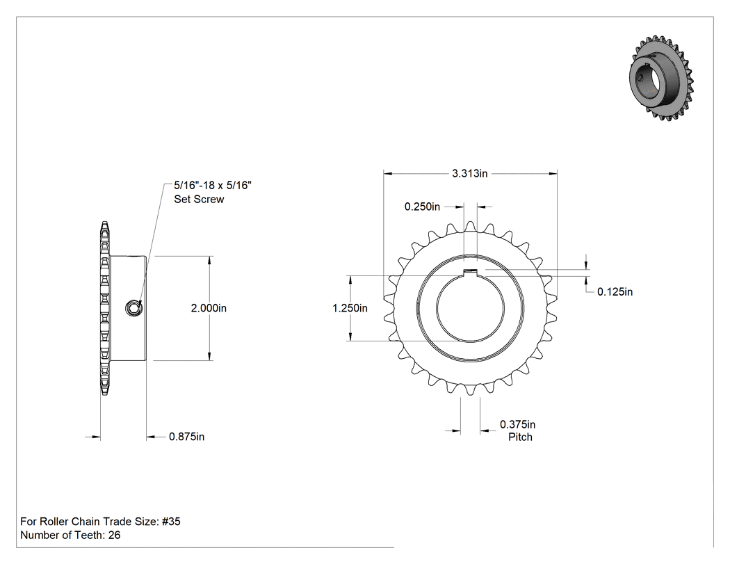 Teknik Çizim - Çelik Tek Sıralı Dişli, ANSI 35 Makaralı Zincir ve 1-1/4" Mil Çapı için, 26 Diş