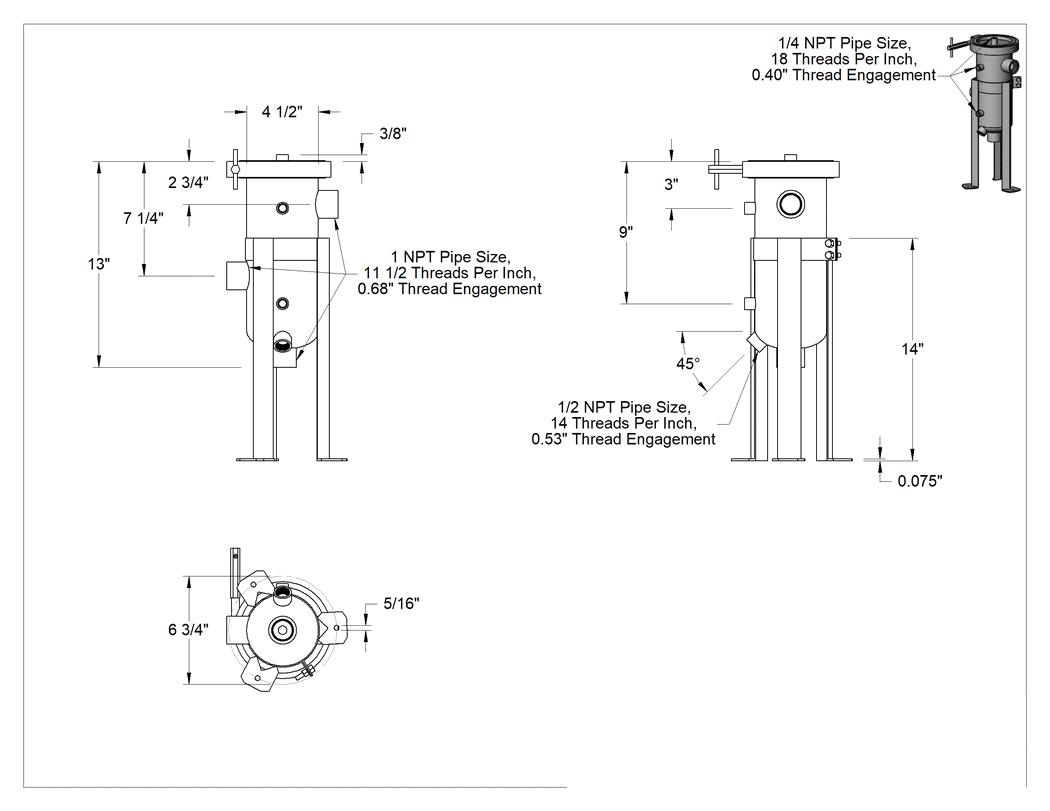 Teknik Çizim - Paslanmaz Çelik Filtre Torbası Muhafazaları, 4-1/2" Çap x 13" Yükseklik, 1 NPT