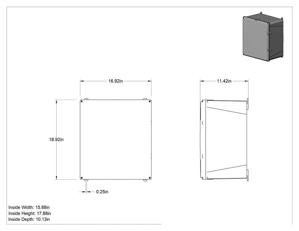 Teknik Çizim - Versa-Panel Polikarbonat Muhafaza, Vidalı Kapaklı Kaldırılabilir Kapak, 17" x 19" x 12", Gri