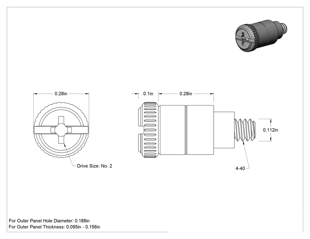 Teknik Çizim - Sabit Panel Vidası, Genişletme, 18-8 Paslanmaz Çelik, 4-40 Diş, 0.095"-0.156" Kalınlık için