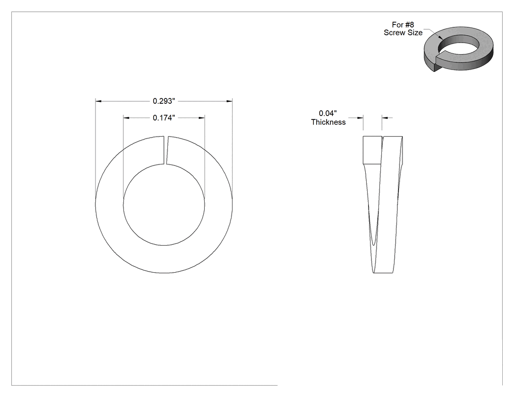 Teknik Çizim - 316 Paslanmaz Çelik Yarı Ayrık Kilit Pul, 8 numaralı vida boyutu için, 0.174" İç Çap, 0.293" Dış Çap