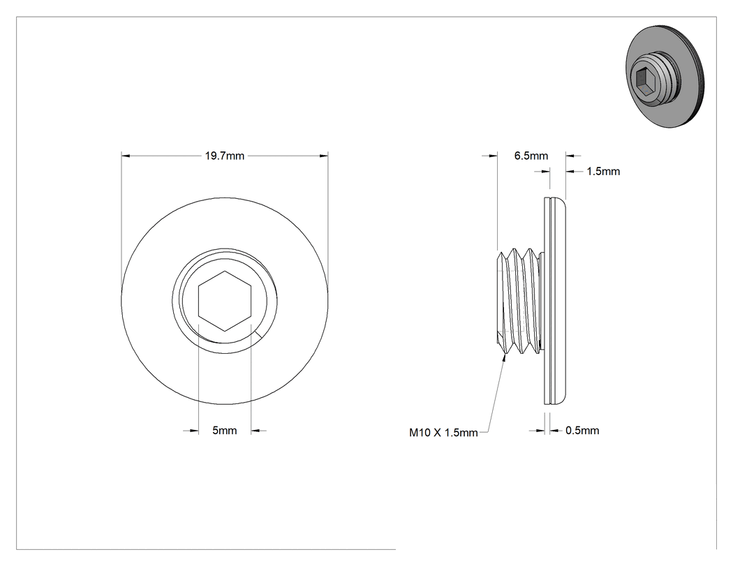 Teknik Çizim - Muhafazalar için Hijyenik Dişli Tapalar, M10 x 1.5 mm Diş