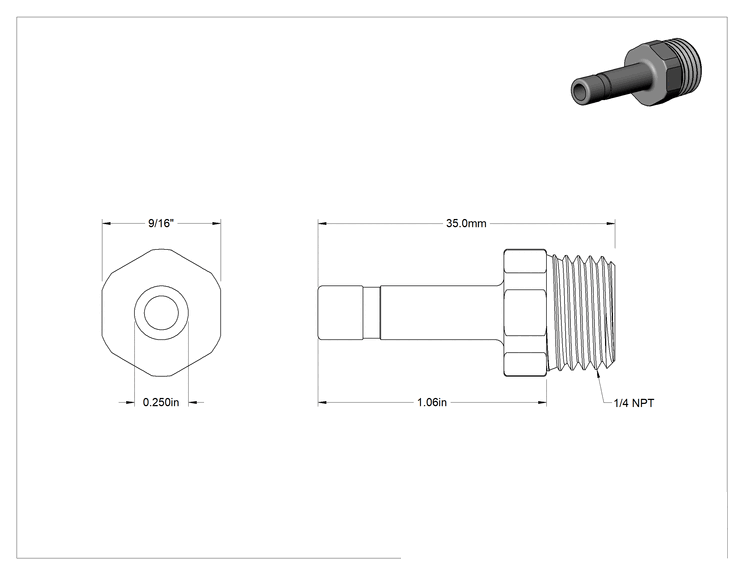 Teknik Çizim - Gıda ve İçecek için Paslanmaz Çelik Bas-Bağlan Bağlantı Parçası, Düz Adaptör 1/4" Boru Gövde Dış Çapı x 1/4 NPT Erkek