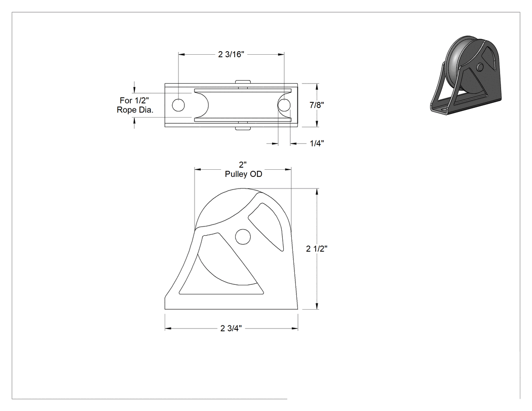 Teknik Çizim - Yatay Çekme için Halatlı Montajlı Kasnak, 1/2" Çap için, 1750 lbs. Kapasite