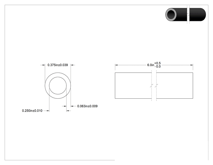Teknik Çizim - Yağa Dayanıklı Buna-N Kauçuk Yuvarlak Tüp, 6 inç Uzunluk, 3/8" Dış Çap, 1/4" İç Çap, AMS3212/ASTM D2000
