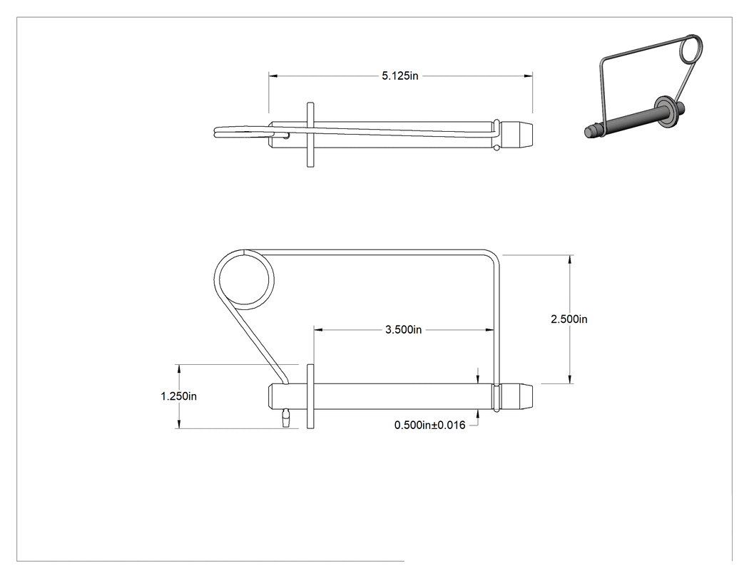 Teknik Çizim - Kare Tel Tutuculu ve Kancalı Çatal Pimi, 1144 Karbon Çelik, 1/2" Çap, 3-1/2" Kullanılabilir Uzunluk