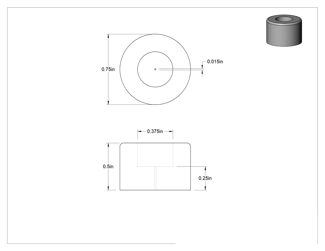 Teknik Çizim - SBR Kauçuk Dişsiz Delikli Tampon, 3/4" Dış Çap, 1/2" Yükseklik, 1/64" Montaj Deliği Çapı, Durometre 40A