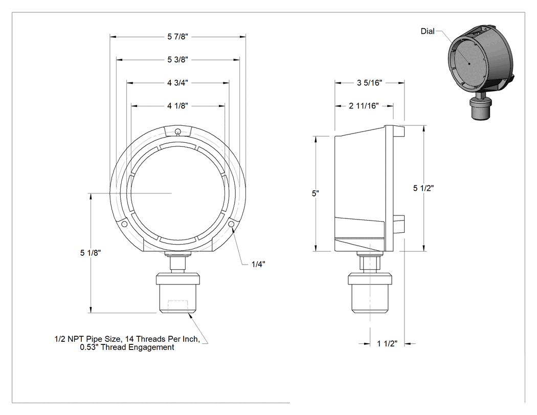Teknik Çizim - Alt Bağlantılı Titreşime Dayanıklı Basınç Test Göstergesi, 1/2 NPT Dişi, Fenolik Kasa, 0-30 PSI