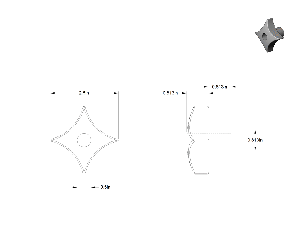 Teknik Çizim - Paslanmaz Çelik Dört Kollu Topuz, 1/2" Çaplı 1-5/8" Derinlikli Delikli