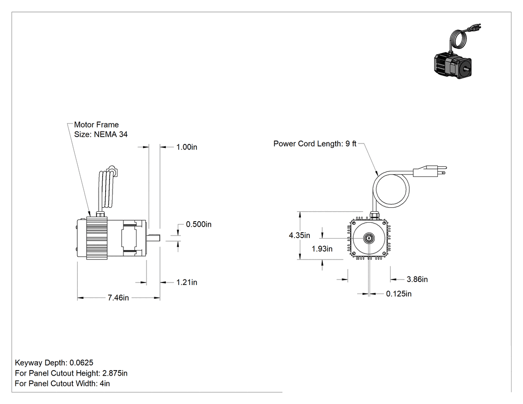 Teknik Çizim - Yüzeye Monte Hız Kontrollü Motor, 120V AC, NEMA 34, 1/5 hp