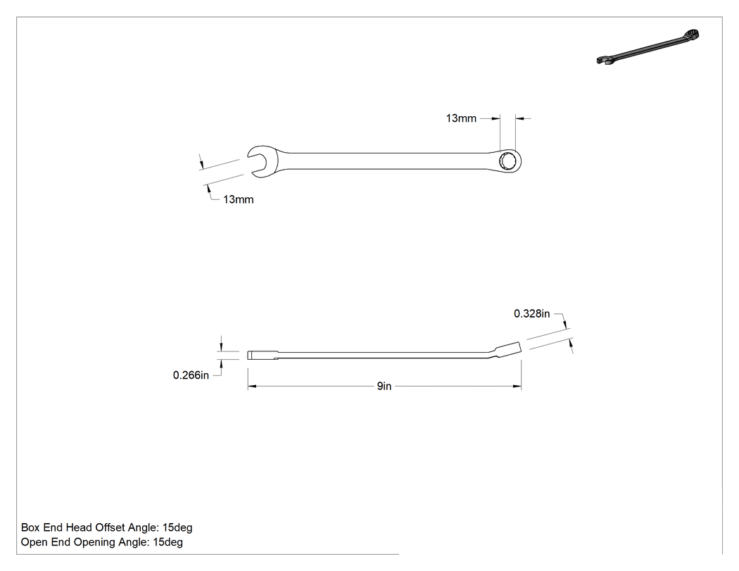 Teknik Çizim - 12 Uçlu Açıklık Kombinasyon Anahtarı, Yüksek Kaldıraç, 13 mm Boyut, 9" Toplam Uzunluk