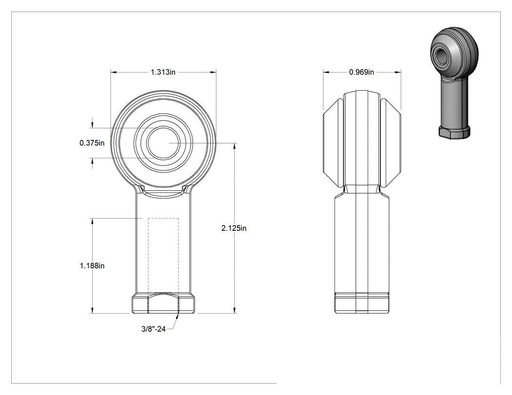 Teknik Çizim - İçten Gijon Ucu Cıvatası, Titreşim Sönümleme, Sağ Yönlü, 3/8"-24 Diş