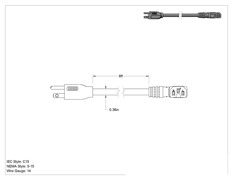 Teknik Çizim - Elektronik Ekipman Güç Kablosu, NEMA 5-15 Fiş x 90 Derece Dirsek IEC C15 Soket, 8 Fit Uzunluk