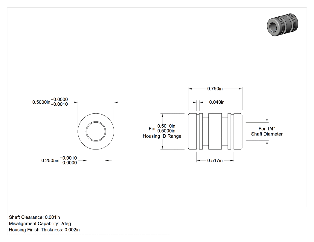 Teknik Çizim - Kendinden Hizalamalı Manşonlu Lineer Rulman, 1/4" Mil Çapı için