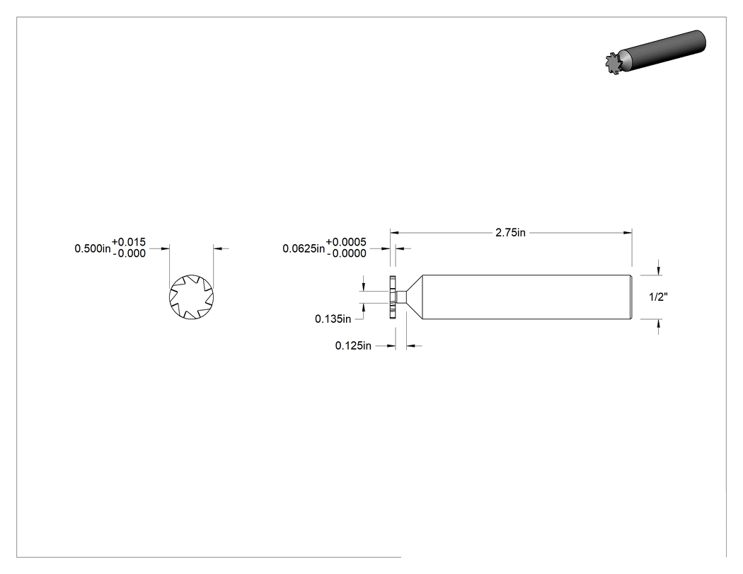 Teknik Çizim - Hızlı Kesim Karbür Anahtar Yuvası Uçlu Freze, Kaplamasız, 1/2" Freze Çapı, 1/16" Freze Kalınlığı