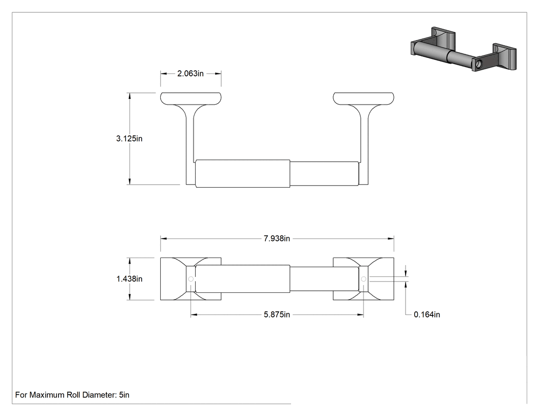 Teknik Çizim - Tuvalet Kağıdı Dağıtıcı, 5" Çaplı Rulo için, Krom Kaplı Çinko