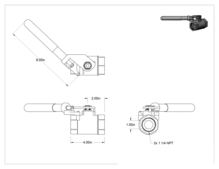 Teknik Çizim - Yüksek Basınçlı Açma/Kapama Valfi, Çelik Gövdeli, Yaylı Kapatma Kolu, 1-1/4 NPT Dişi