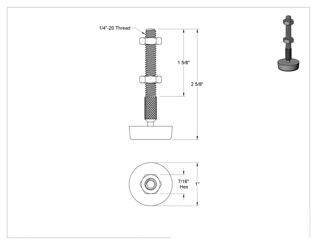 Teknik Çizim - Mandal Kelepçe Tutma Vidası, Kauçuk Döner Düz Uç, 2-5/8" Toplam Uzunluk, Çelik