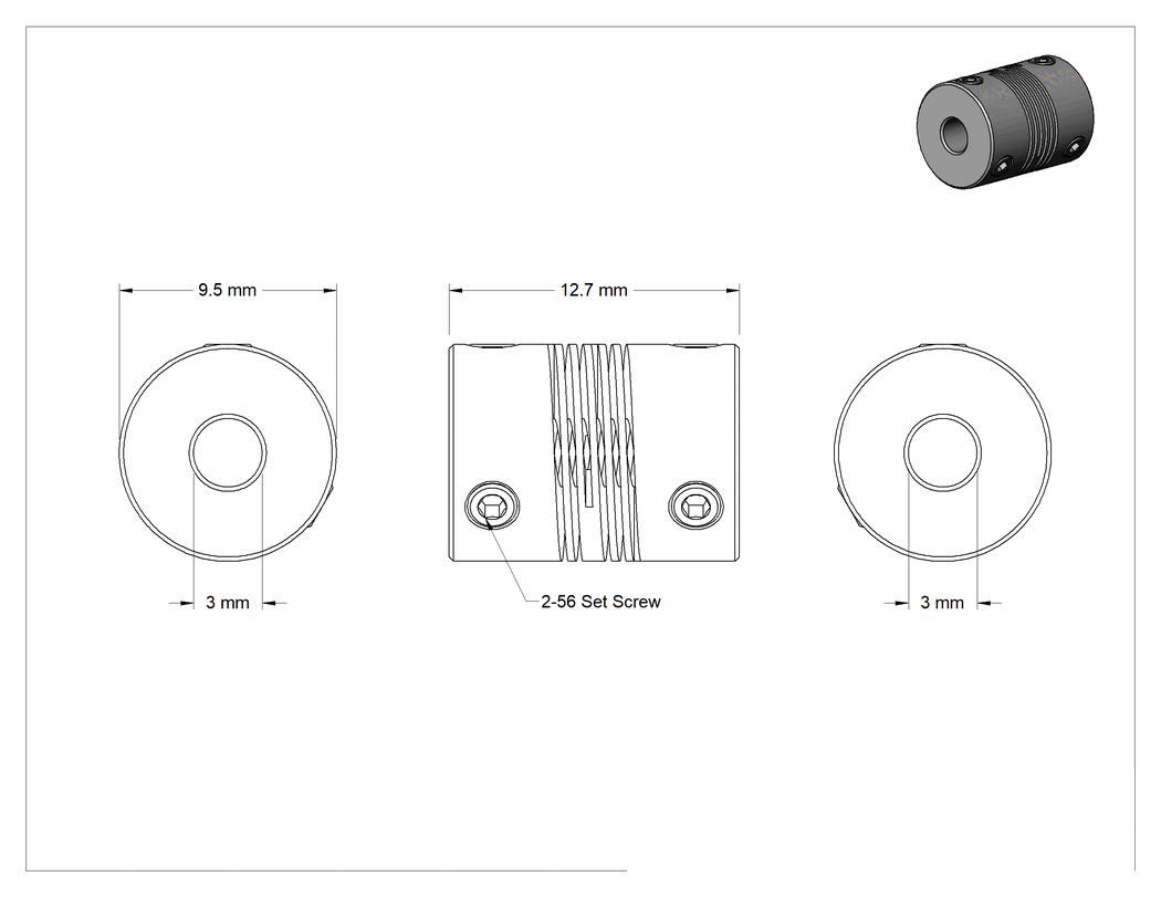 Teknik Çizim - Setskur Hassas Esnek Mil Kaplinleri, Spiral Kesim, 3 mm x 3 mm Mil Çapı için, 12.7 mm Uzunluk