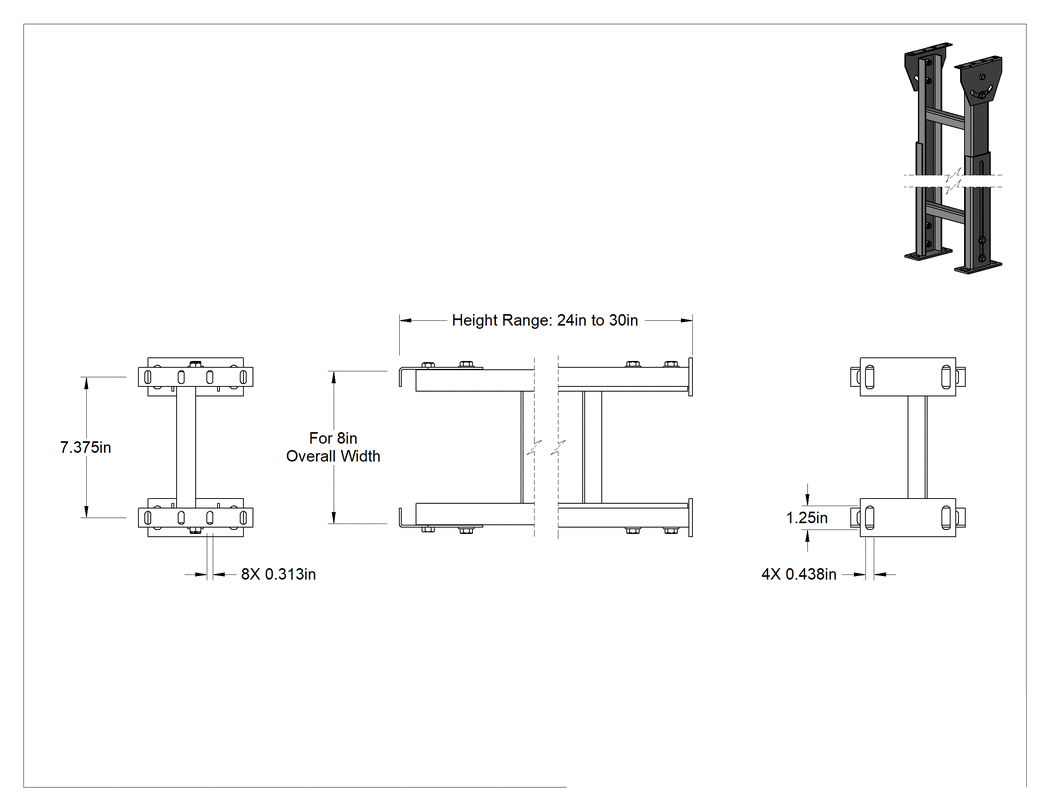 Teknik Çizim - 8" Toplam Genişlikli Makaralı Konveyör için 24" ila 30" Yüksekliğinde Sabit Stand