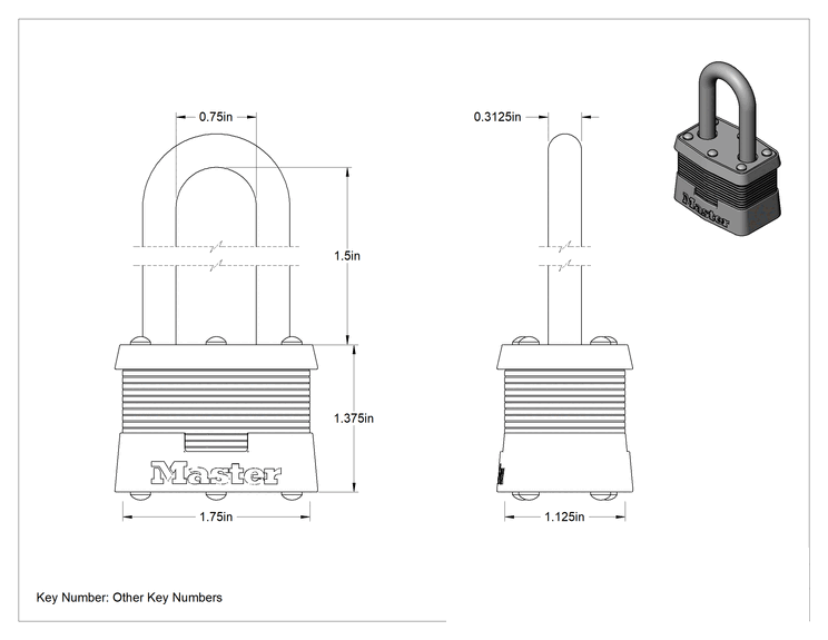 Teknik Çizim - Lamine Çelik Gövdeli Asma Kilit, Master Lock 1 Aynı Anahtarlı, 1-1/2" Dikey Boşluklu