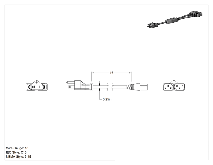 Teknik Çizim - Kablo Ayırıcı, NEMA 5-15 Fiş x IEC C13 Priz