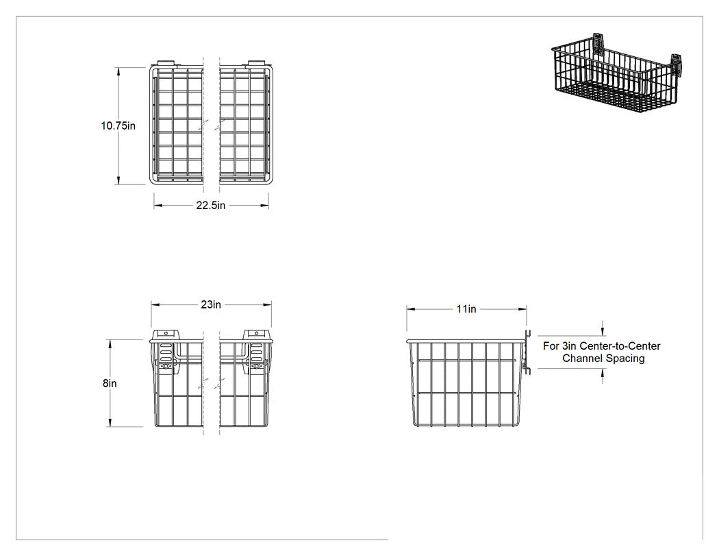 Teknik Çizim - Slatwall Sepet, 23" Genişlik x 8" Yükseklik