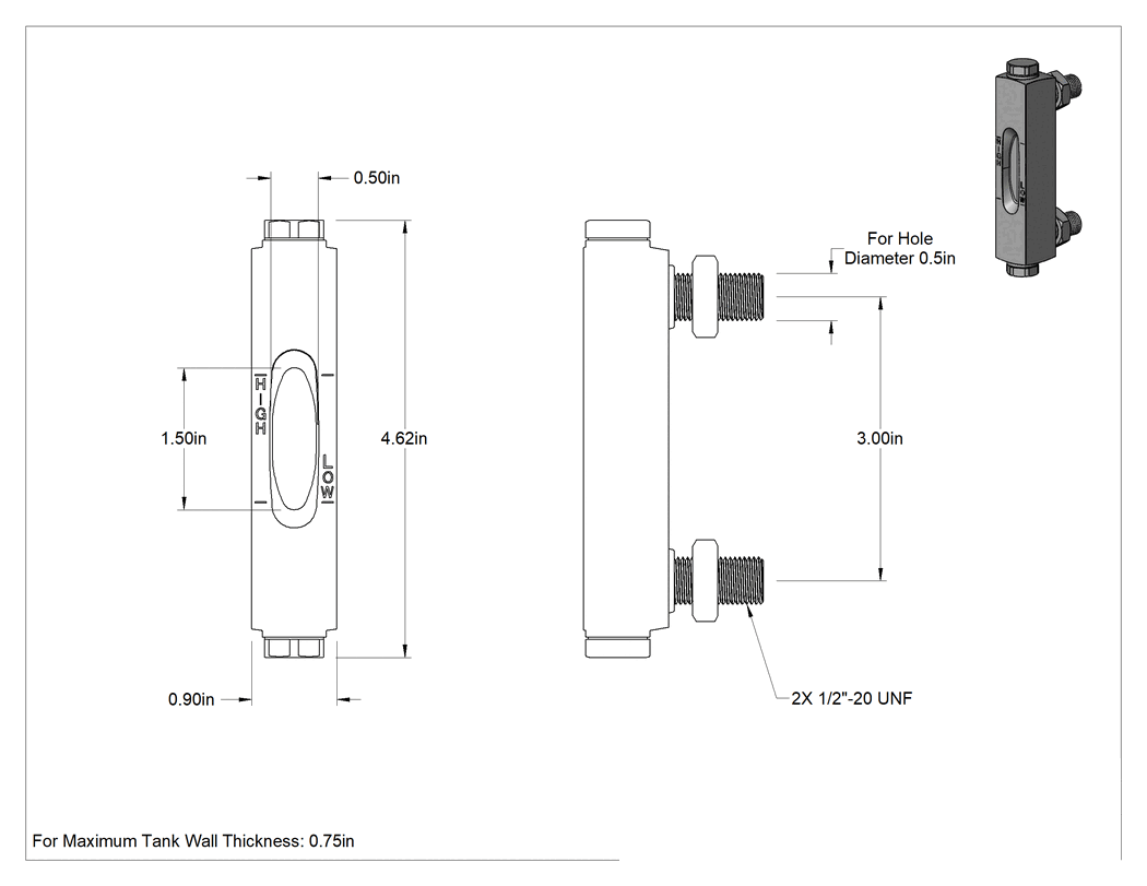 Teknik Çizim - Yüksek Basınçlı Yağ Seviyesi Göstergesi, Alüminyum, 1/2"-20 UNF Erkek, 3" Merkezden merkeze