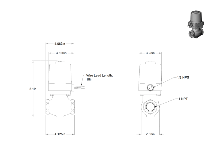 Teknik Çizim - Bronz Gövdeli Solenoid Açma/Kapama Vanası, Kriyojenik Sıvılar için, 24V AC, 1 NPT Dişi