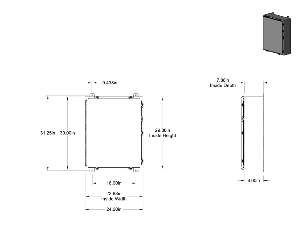 Teknik Çizim - 304 Paslanmaz Çelik Su Geçirmez Muhafaza, Menteşeli Kapak ve Vidalı Kelepçeli, 30" x 24" x 8"