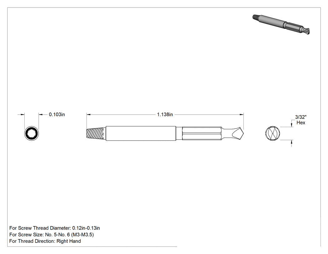 Teknik Çizim - Kombinasyon Çıkarıcı/Matkap Ucu, 0.12"-0.13" Vida Diş Çapı için