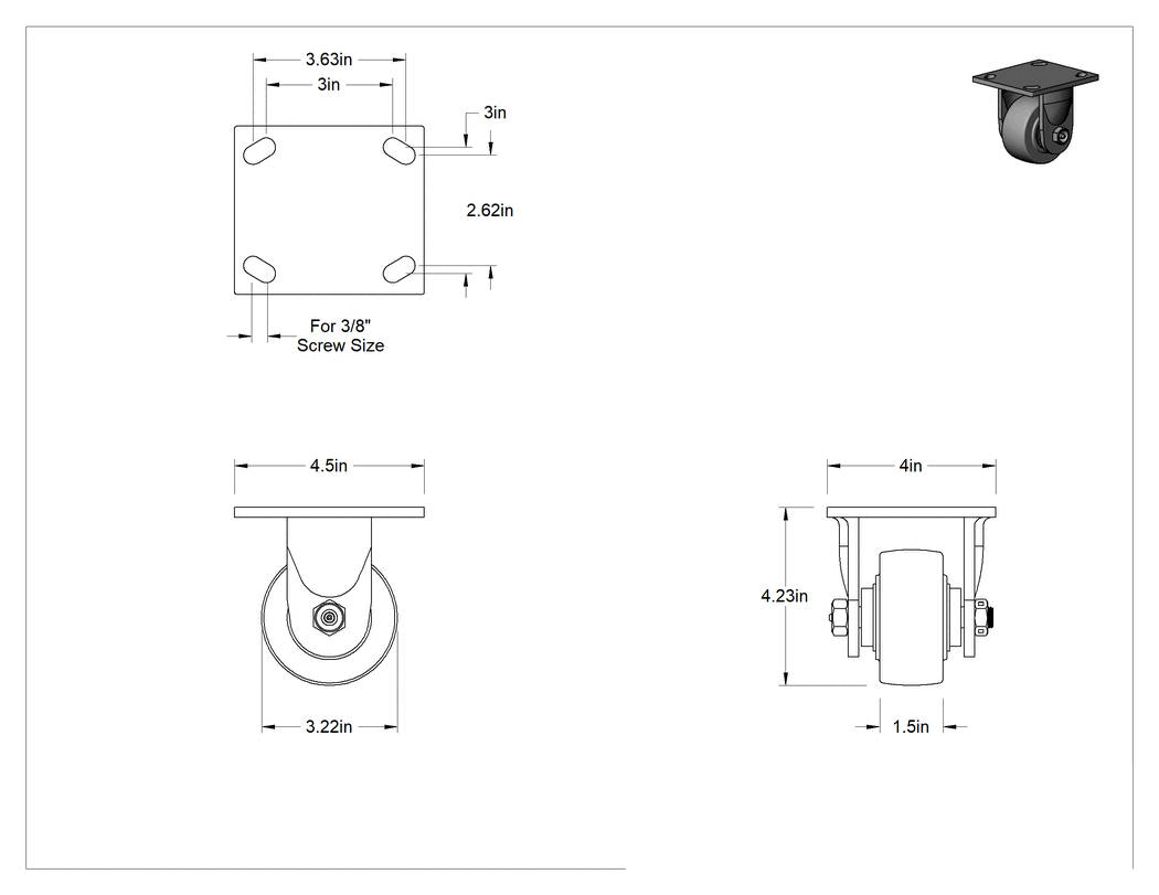 Teknik Çizim - 4-1/2" x 4" Montaj Plakalı Samson Tekerlek, 3-1/4" Çaplı Fenolik Tekerlekli Sert