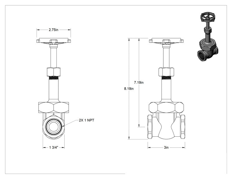 Teknik Çizim - Bronz Gövde ve Sürgülü Kademeli Açma/Kapama Vanası, Tekerlek Kolu ve Yükselen Mil, Basınç Sınıfı 300, 1 NPT Dişi