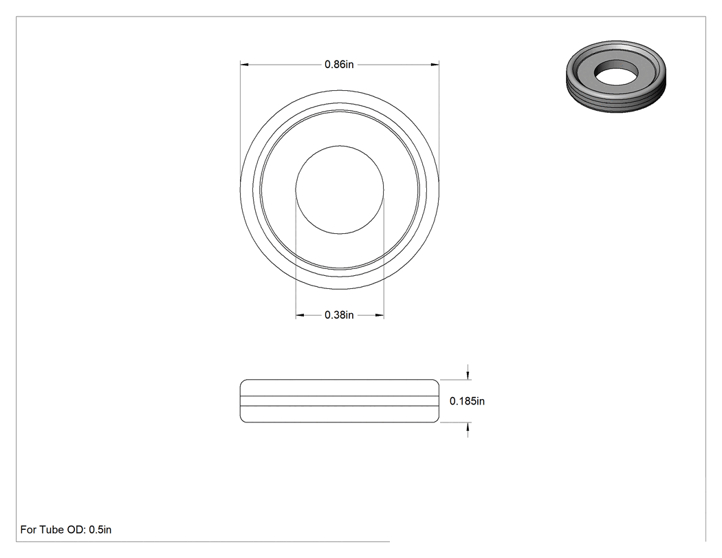 Teknik Çizim - EPDM Dolgulu Ultra Kimyasal Dirençli PTFE Conta, Hızlı Kelepçeli Boru Bağlantı Elemanları için, 1/2" Boru Dış Çapı için