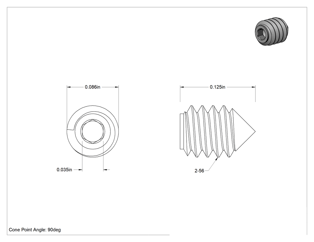 Teknik Çizim - 18-8 Paslanmaz Çelik Konik Uçlu Setskur, 2-56 Diş, 1/8" Uzunluk