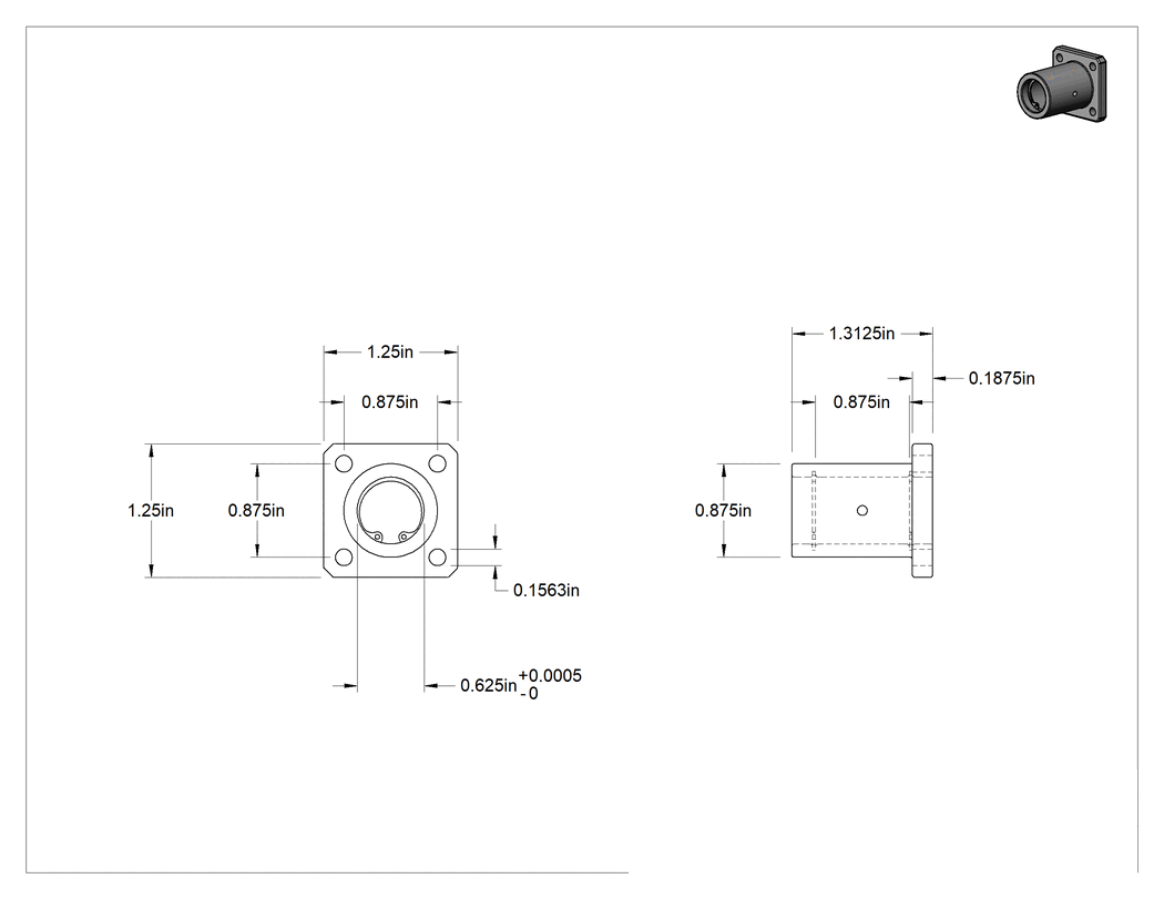 Teknik Çizim - Flanş Montajlı Lineer Rulman Muhafazası, Tek Rulman için, 5/8" Rulman Dış Çapı için